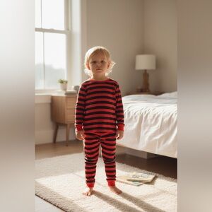 Red and Black Striped Pajama Set with Fitted Silhouette